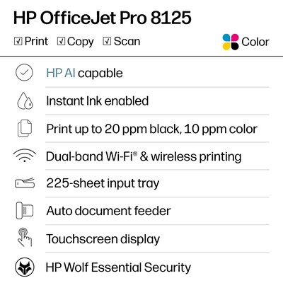 HP OfficeJet Pro 8125e Wireless Color All-in-One Printer, Scan, Copy, 3 Months Free Instant Ink, AI Enabled (405T6A)