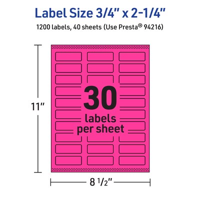 Avery Laser/Inkjet Rectangle Multipurpose Labels, 0.75" x 2.25", Neon Magenta, 1200/Pack (94216)