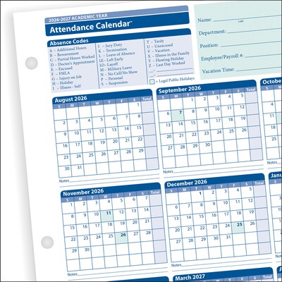 ComplyRight 2026-2027 Academic Year Attendance Calendar Cards, 50/Pack (A43005015)