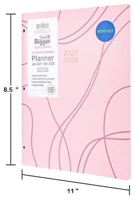 2027-2028 Overland Travelware 0.25" x 8.5" Calendar Year Monthly Standard Planner, Paperboard Cover, Pink (90697)