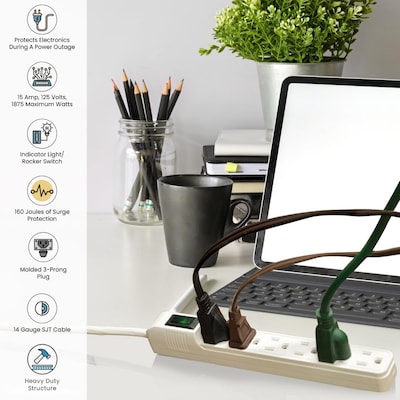 Power by GoGreen 6 Outlet Mini Surge Protector, 2' Cord, White (GG-16103MIN)