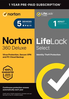 Norton 360 Deluxe with LifeLock Select for 5 Devices, Windows/macOS/Android/iOS, Download (21435235)