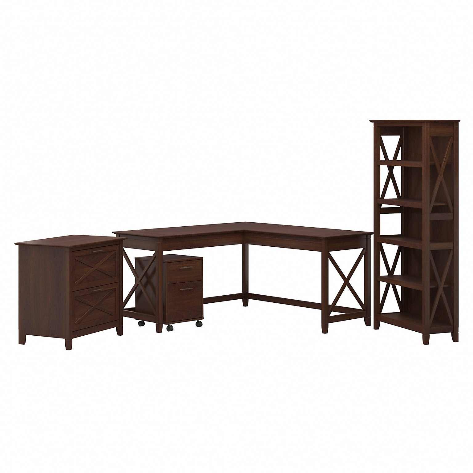Bush Furniture Key West 60W L Shaped Desk with File Cabinets and 5 Shelf Bookcase, Bing Cherry (KWS017BC)