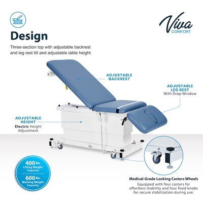 Viva Comfort XRO 3-Section Electric Height and Back Adjustable Exam Table, 600 lbs. Capacity, Blue (ADI903-23-BLU-MK)