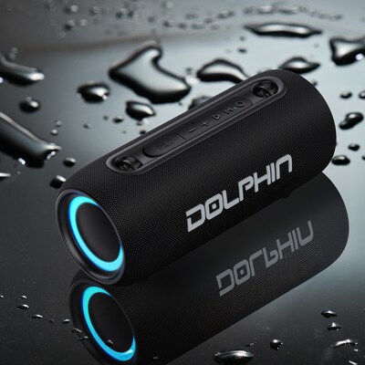 Dolphin Audio Wireless Bluetooth Portable Speaker with RGB Lights & Shoulder Strap, Water Resistant, Black (LX-30)