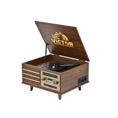 Victor Monroe Retro 8-in-1 Turntable Record Player and Entertainment Center with Bluetooth and Built in Speakers, Walnut
