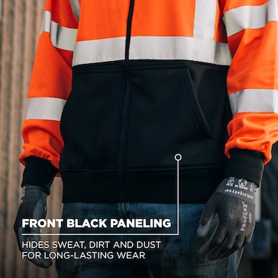 GloWear 8312BK High Visibility Long Sleeve Black Bottom Hooded Zip-Up Sweatshirt, ANSI Type R Class 3, Orange, 5XL (22949)
