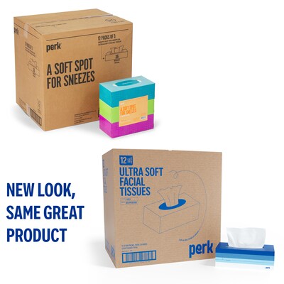 Perk Ultra Soft Facial Tissues, 2-Ply, 160 Sheets/Box, 3 Boxes/Pack, 12 Packs/Carton, FSC Certified Soft Tissue (PK57778CT)