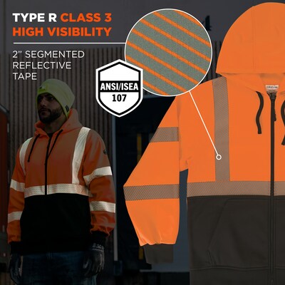 GloWear 8318BK High Visibility Long Sleeve Black Bottom Hooded Zip-Up Sweatshirt, ANSI Type R Class 3, Orange, Large (23074)