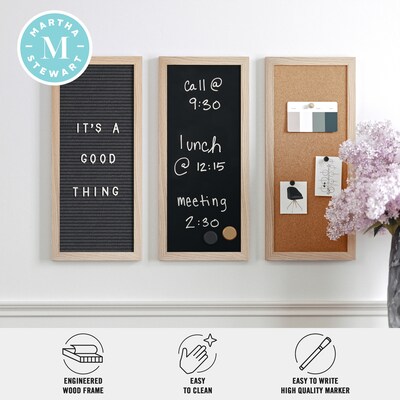 Martha Stewart Everette Cork Board, Chalk Board, Letter Board Set, Light Natural Woodgrain Frame, 18" x 24" (BRDK202210111LN)