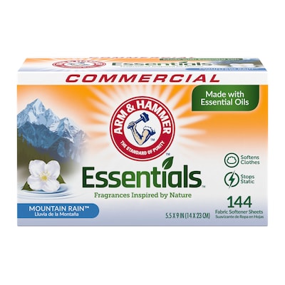 Arm & Hammer Essentials Softener Sheets, Mountain Rain, 144 Sheets/Pack, 6 Packs/Carton (3320000102)