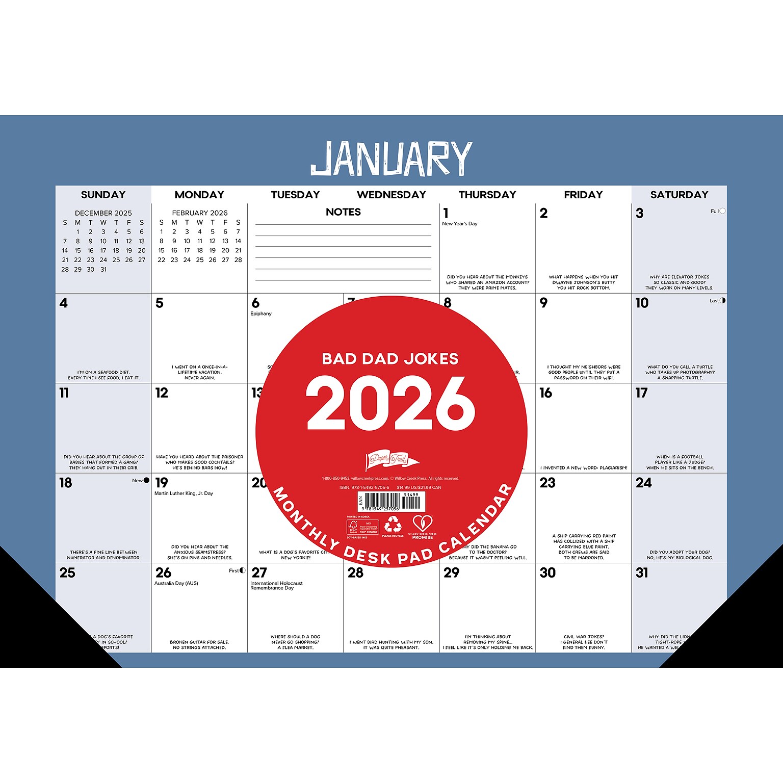 2026 Willow Creek Bad Dad Jokes 17 x 12 Monthly Desk Pad Calendar, Blue (57056)