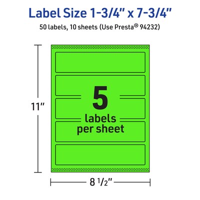 Avery Laser/Inkjet Multipurpose Rectangle Labels, 1.75" x 7.75", Neon Green, 50/Pack (94232)