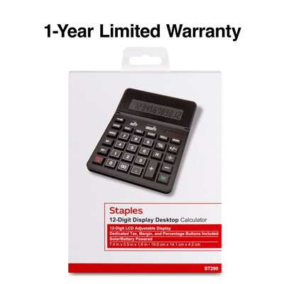 Staples 12-Digit Battery & Solar Basic Calculator, Black (TR290/ST290-CC)