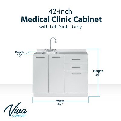 Viva Comfort 36.75H x 42W Exam Room Medical Cabinet With Sink, 2-Doors, 3-Drawers, Gray (ADIME902-BASE-42-LS-GRY-MK)