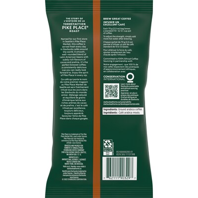 Starbucks Pike Place Ground Coffee, Medium Roast, 2.5 oz. Portion Packs, 18/Box (SBK11018197)