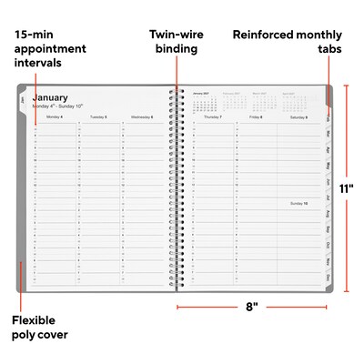 2027 Staples 8" x 11" Weekly & Monthly Appointment Book, Plastic Cover, Gray (ST63595-27)
