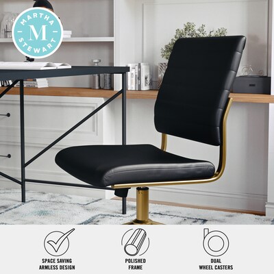 Martha Stewart Ivy Armless Faux Leather Swivel Office Chair, Black/Polished Brass (CH2209211BKGLD)