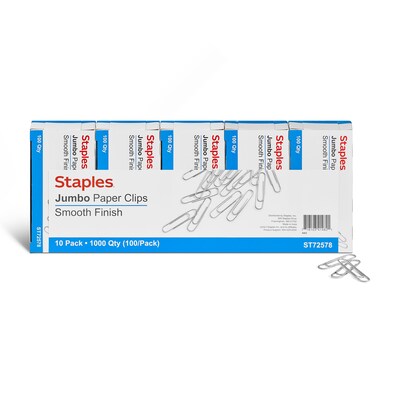 Staples Smooth Paper Clips, Jumbo, Silver, 100/Box, 10 Boxes/Pack (A7026605/72578)