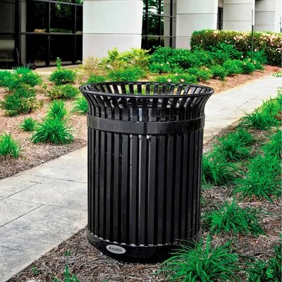 Global Industrial Outdoor Heavy-Duty Slatted Steel Trash Can, 36 Gallon, 34"H, Black (641631BK)