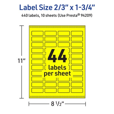 Avery Laser/Inkjet Multipurpose Rectangle Labels, 2/3" x 1-3/4", Neon Yellow, 440/Pack (94209)