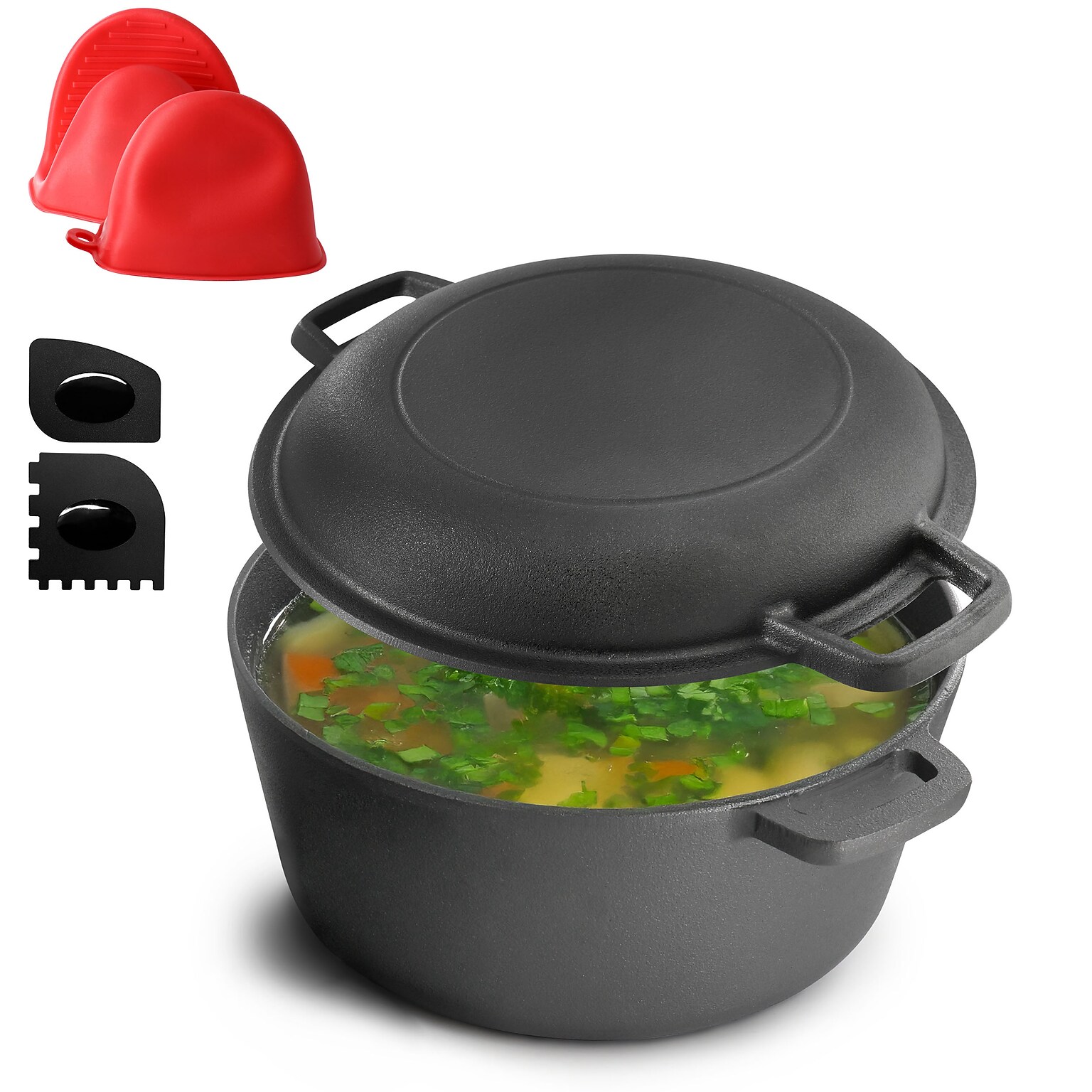 MegaChef Cast Iron 5 Qt. 2-in-1 Dutch Oven, Black (935121252M)