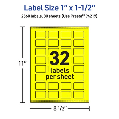 Avery Laser/Inkjet Rectangle Multipurpose Labels, 1" x 1.5", Neon Yellow, 2560/Box (94219)