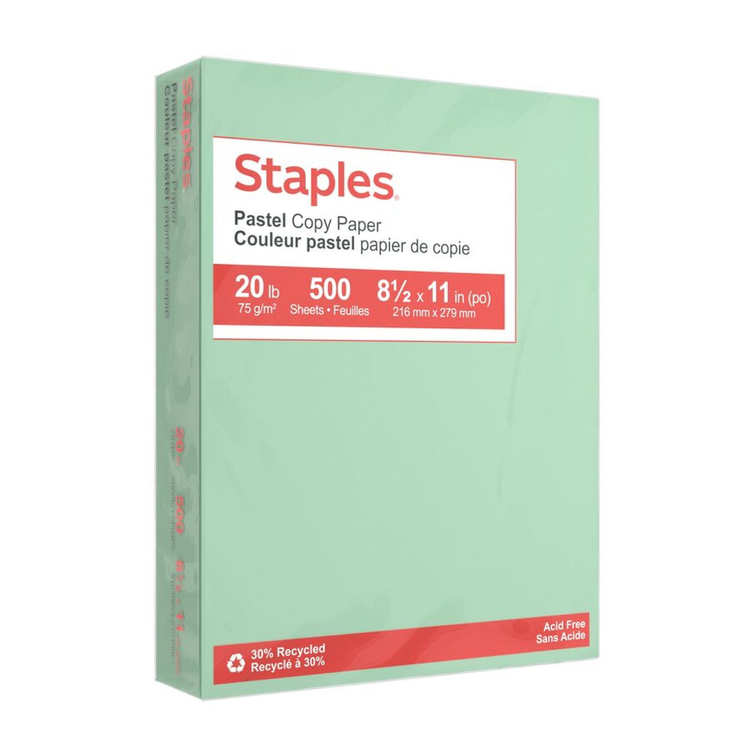 Staples Pastel 30% Recycled Color Copy Paper, 20 lbs., 8.5 x 11, Green, 500/Ream (14781)