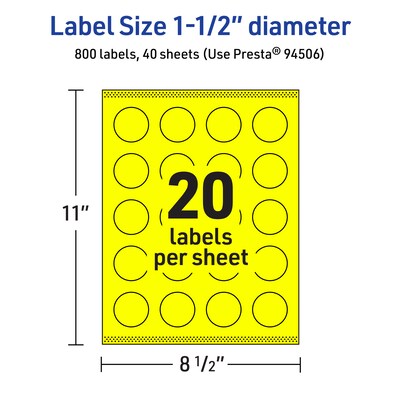Avery Laser/Inkjet Round Multipurpose Labels, 1.5" Dia., Neon Yellow, 800/Pack (94506)