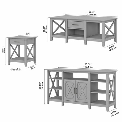 Bush Furniture Key West Tall TV Stand with Coffee Table and 2 End Tables, Cape Cod Gray, Screens up to 65" (KWS025CG)