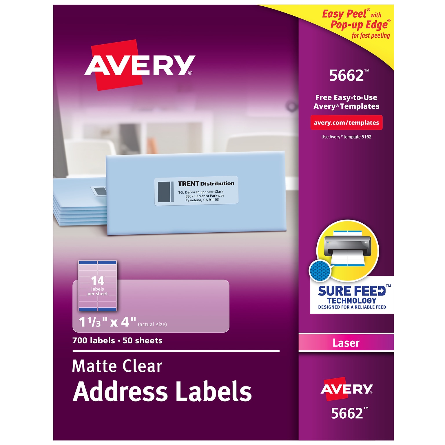 Avery Easy Peel Laser Address Labels, 1-1/3 x 4, Clear, 14 Labels/Sheet, 50 Sheets/Box (5662)