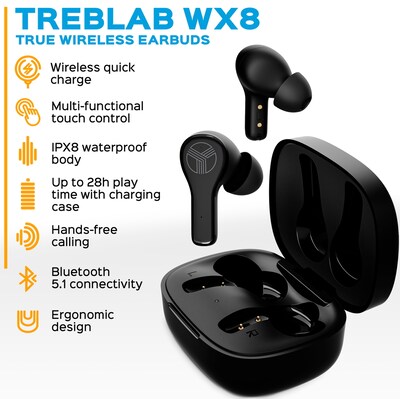 Treblab WX8 True Wireless IPX8 Waterproof Earbuds, Bluetooth, Black