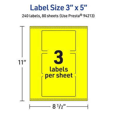 Avery Laser/Inkjet Multipurpose Rectangle Labels, 3" x 5", Neon Yellow, 240/Box (94213)