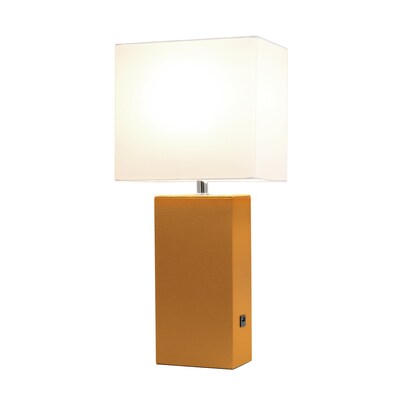 Lalia Home Lexington 21 Leather Base Modern Home Décor Bedside Table Lamp, White Rectangular Fabric