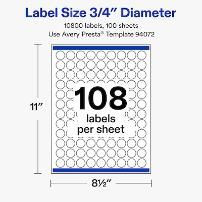 Avery Round Laser/Inkjet Multipurpose Labels, Clear, 108 Labels/Sheet, 100 Sheets/Pack (19479311186)