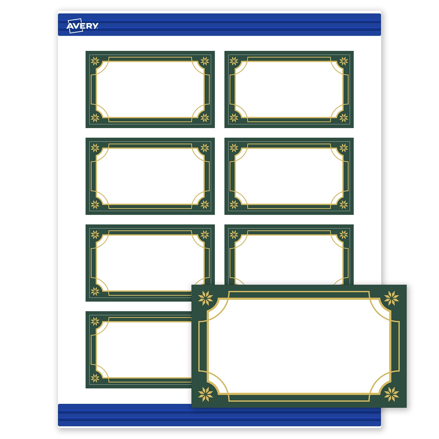 Avery Gold-Green Border Matte Blank Card, White, 80/Pack (S00-FDE)