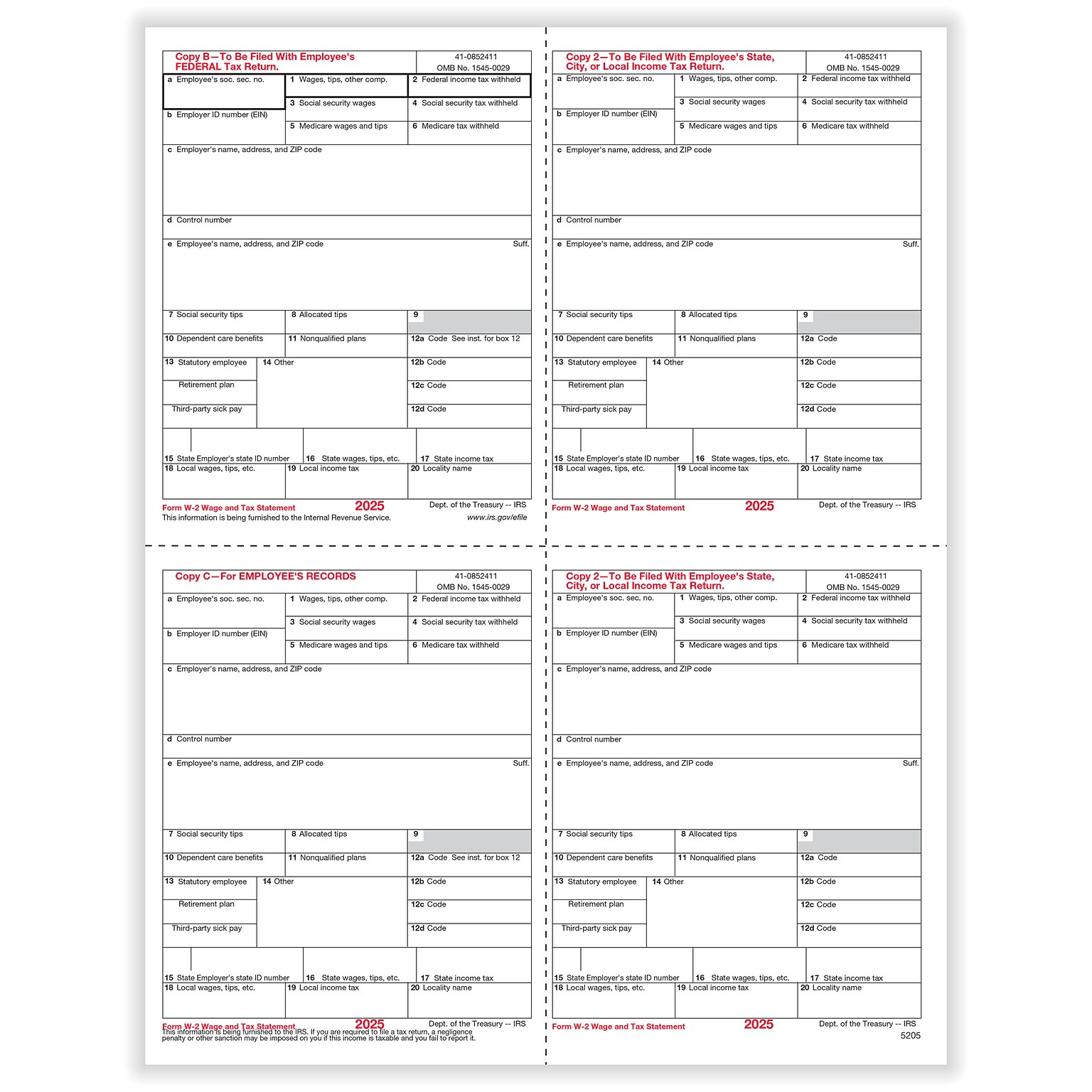 ComplyRight 2025 W-2 Tax Form, Employee’s Copies B, C, 2 & 2 Combined, 4-Up, 25/Pack (520525)