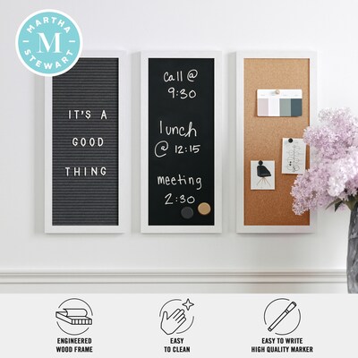 Martha Stewart Everette Cork Board, Chalk Board, Letter Board Set, White Woodgrain Frame, 18" x 24" (BRDK202210111WT)