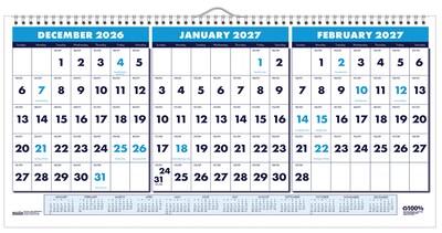 2027 House of Doolittle 17 x 8 Three-Month Wall Calendar, Blue (3647-27)