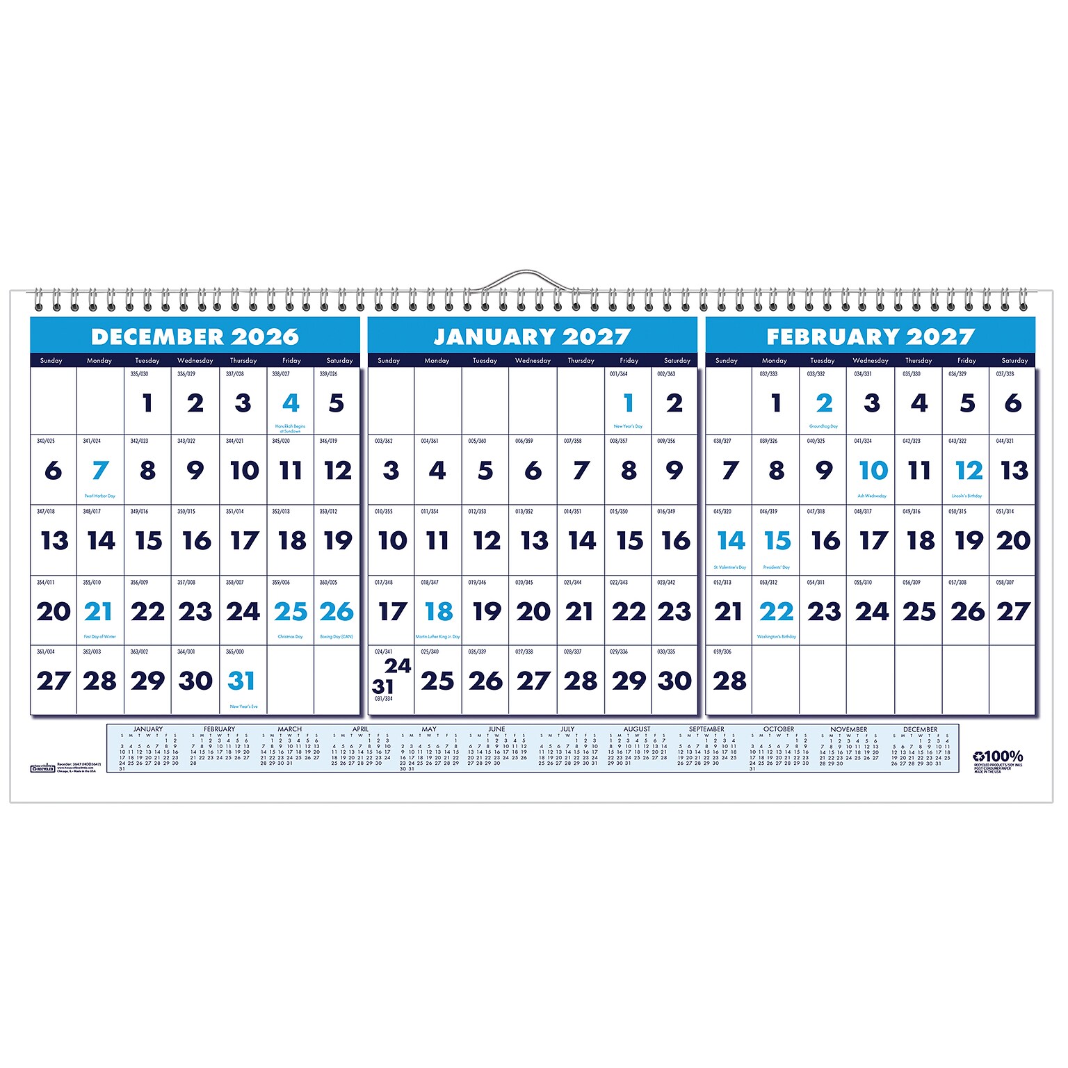 2027 House of Doolittle 17 x 8 Three-Month Wall Calendar, Blue (3647-27)