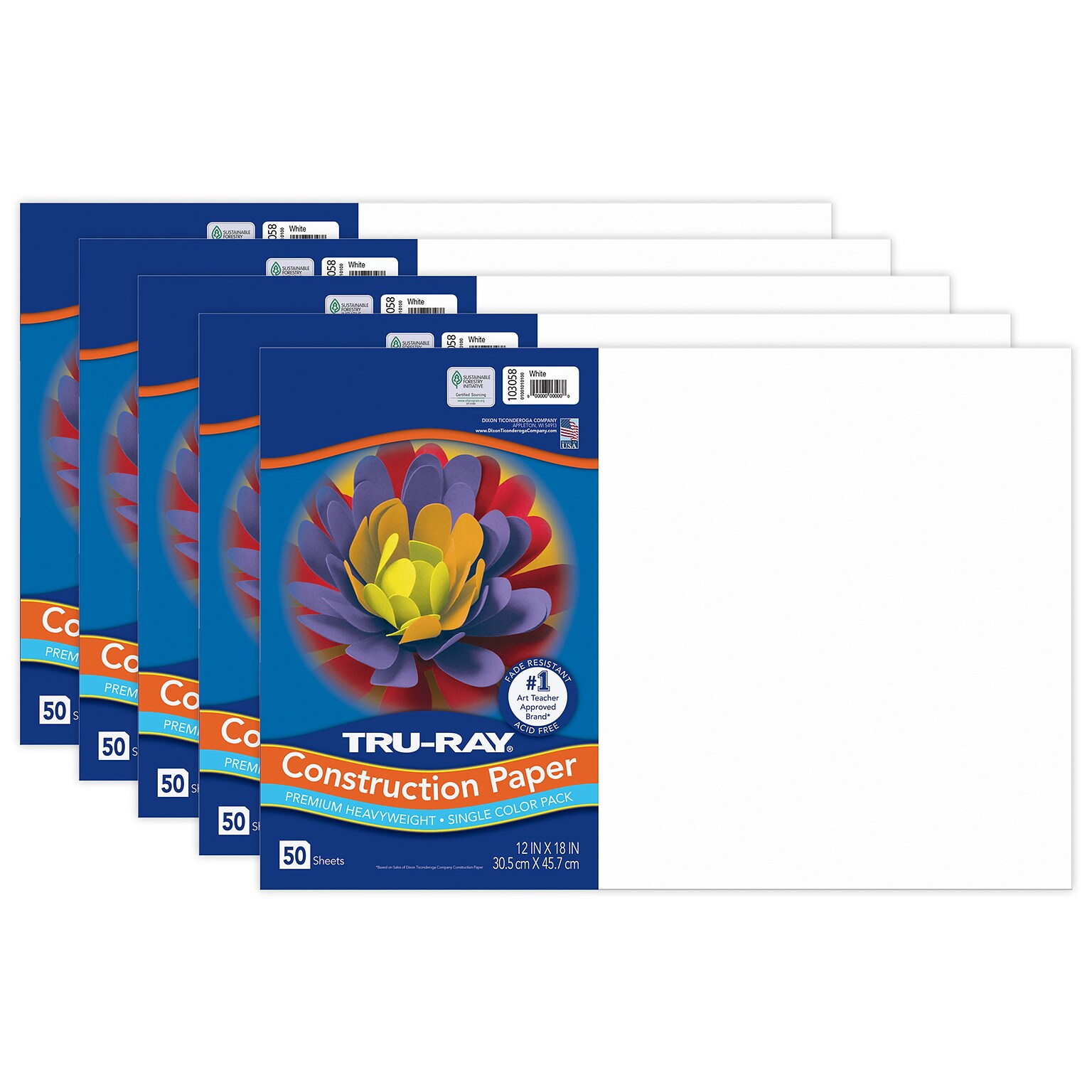 Tru-Ray 12 x 18 Construction Paper, White, 50 Sheets/Pack, 5 Packs/Bundle (PAC103058-5)