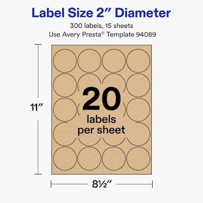 Avery Round Laser/Inkjet Multipurpose Labels, 2" Round, Kraft Brown, 20 Labels/Sheet, 15 Sheets/Pack (19479311171)