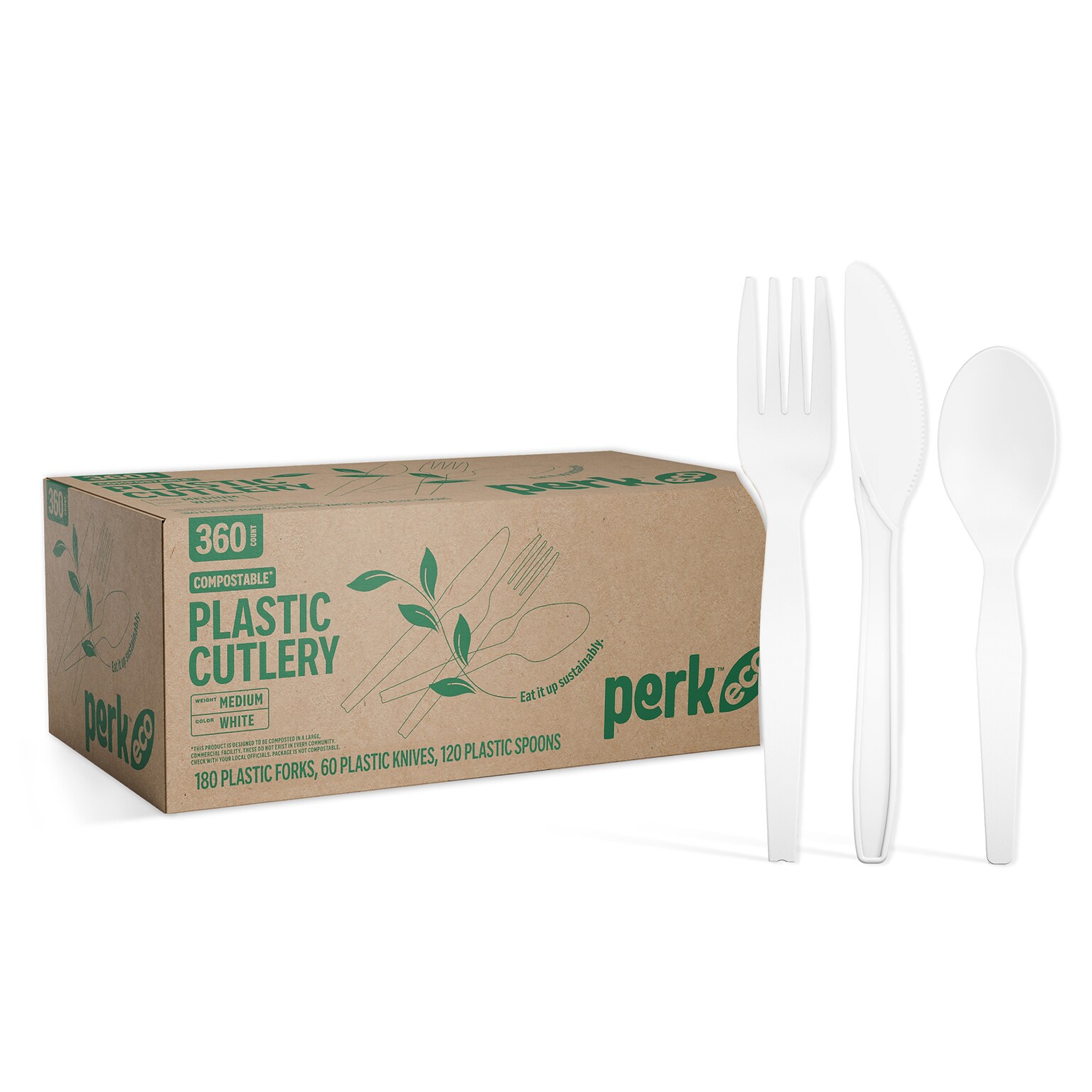 Perk™ Eco Compostable PLA Assorted Cutlery, Medium-Weight, White, 360/Pack (PK56205)