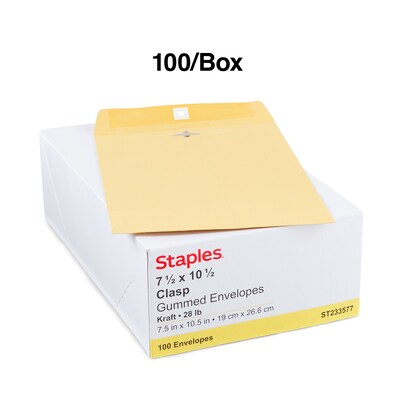 Staples® Brown Kraft Clasp 7 1/2" x 10 1/2" Envelopes, 100/Box