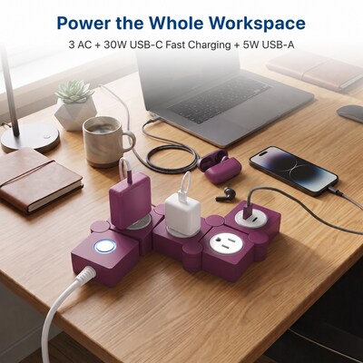 Uncaged Ergonomics Flexible 5' Extension Cord, 3-Outlet, 14 AWG, Plum (2xFPS-Plum)