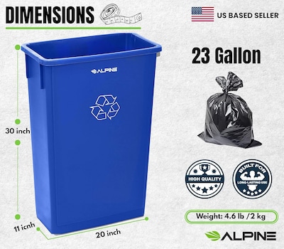 Alpine Industries Polypropylene Recycling Bin with Lid and Dolly, 23 Gallon, Blue (ALP477-BLU4-PKD)