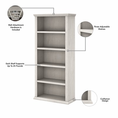 Bush Furniture Yorktown 67"H 5-Shelf Bookcase with Adjustable Shelves, Linen White Oak Laminated Wood (WC40466-03)