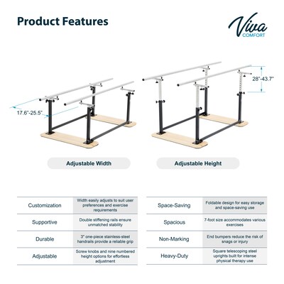 Viva Comfort 7 ft. Foldable Physical Therapy Parallel Bars with Adjustable Height, Matte Black (ADI905-01-MK)