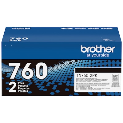 Brother TN 760 Black High Yield Toner Cartridge, 2/Pack (TN7602PK)