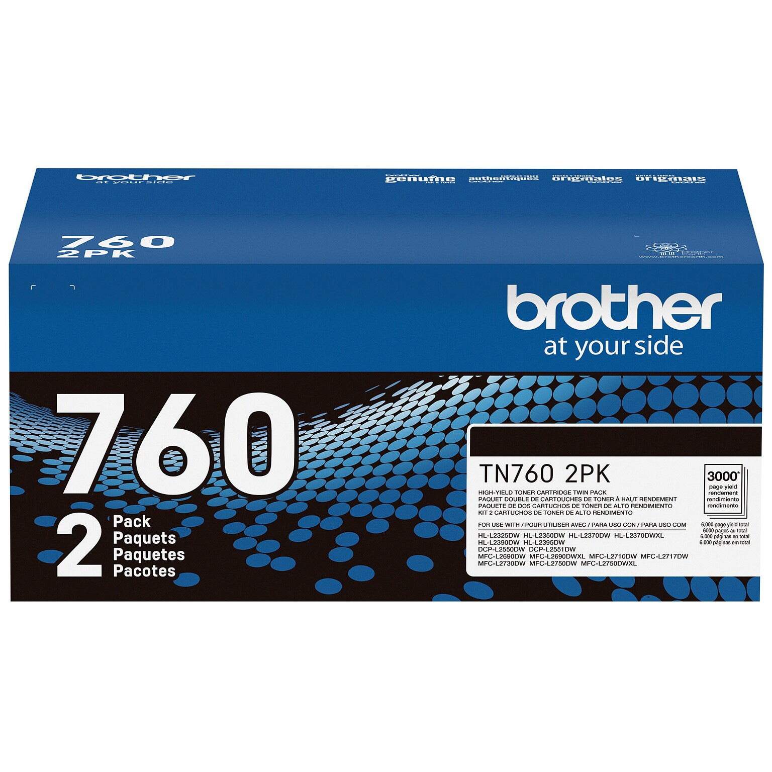 Brother TN 760 Black High Yield Toner Cartridge, 2/Pack (TN7602PK)